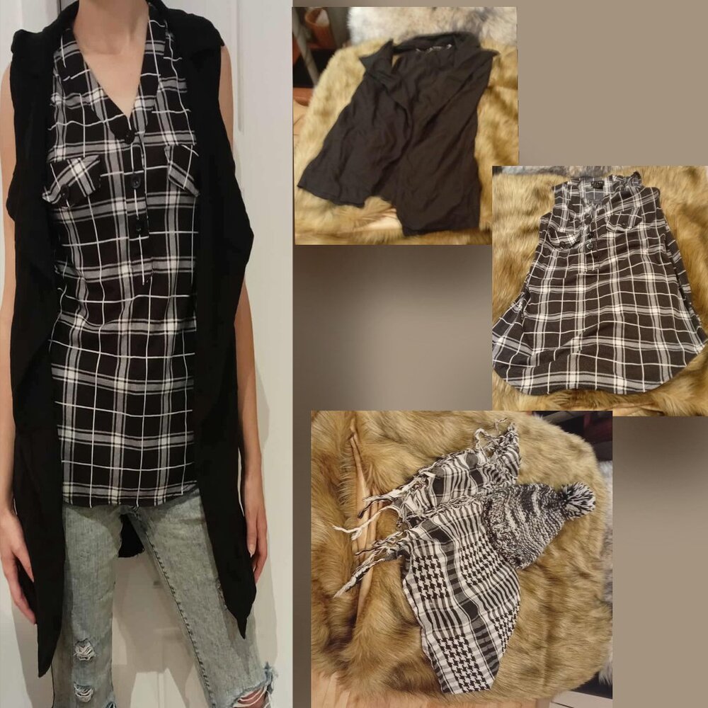 4-Piece Plaid Outfit Bundle | Top, Vest, Scarf & Hat Set | Size S